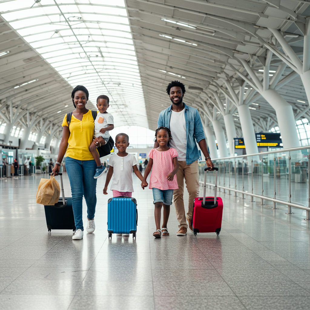 Famille arrivant à l'aéroport pour immigration