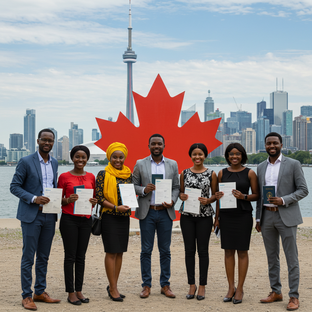 Groupe de professionnels devant un drapeau canadien